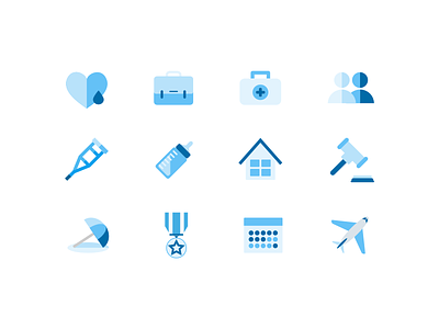 Time off icon set (blue) calendar heart home icon illustration jury-duty medal plane sick-leave time-off users vacation