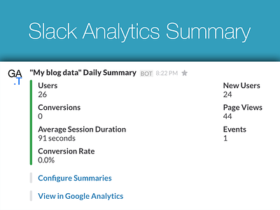 Google Analytics summary in Slack dashboard google analytics metrics notification slack