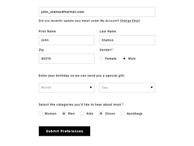 Preference Form birthday checkbox form gender input name preferences radio submit