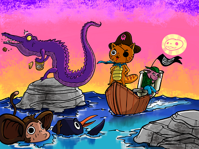To the rescue!! background design cat character children book illustration childrens book childrens illustration cookies crocodile design illustration doudou graphic illustration illustration kids monkey piggy pigouin pirate sunset