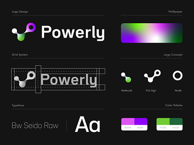 Powerly logo design | power, energy, node abstract black brand identity branding corporate style dark electricity energy graphic design inpetor logo design logo grid logo kit node power renewable solar strength strong tick mark