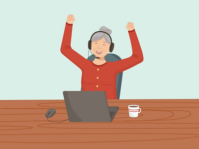 Happy grandma gamer with laptop graphic design illustration vector