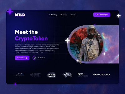 Landing Page for Crypto token animation astranaut cards crypto defi footer graphic design landing page logo logo animation roadmap space token ui uiux website