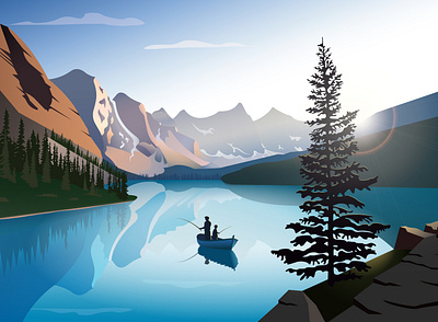 Moraine Lake - Canada boat canada fishing fishman illustration lake morainelake mountain nature sunnyday tree vector