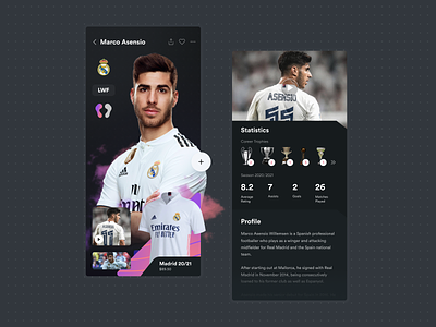 Football Player Profile Page android buy cart clean dark detail page ecommerce fashion football ios minimalist mobile modern order product profile search result sport ui ux