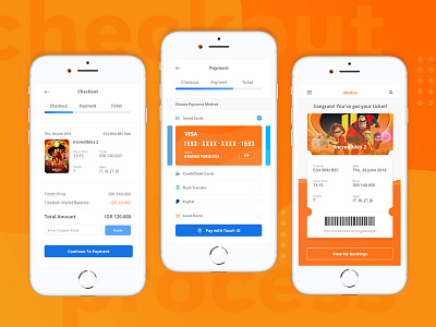 Ticket Check Out Process bank booking booking app card card check out check out cinemas credit card credit card payment movie movie ticket payment payment app payment form payment method payment page paypal theater ticket touch id