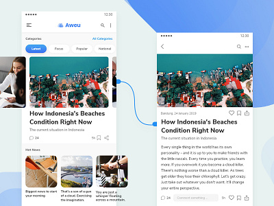 News App - Aweu android article blue flow gradient grid hot news ios medium menu card minimalist modern news read reading slider tab ui ui ux ux