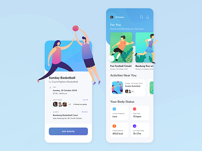 Visual Exploration for a Social Health App activity basketball character clean dashboard design event football health illusration ios mobile modern running social sport status ui ux