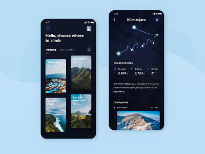 Climbing App Design black blue camp climate climbing dark distance geolocation gis gps hiking list map menu nature neumorphism profile search tab weather