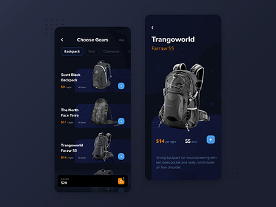 Climbing App Design app app design bag climbing dark dark app dark mode dark ui ecommerce hiking list minimalist mountain nature nature illustration outdoor shop travel ui ux