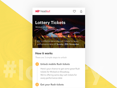Lottery Ticket broadway event lottery mobile promotion share theatre ticket ui unlock ux