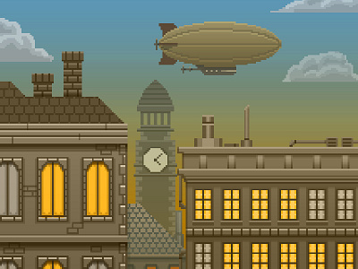Steampunk City Pixelscape blimp city game icons illustration pixel pixel art pixelart steampunk sunset