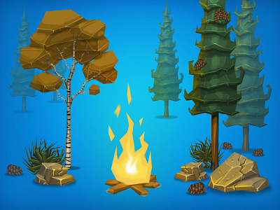 Campfire app design drawing fire game illustration iphone scene sketch stylized texture trees