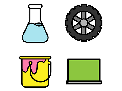 Icons flask icons laptop outline paint wheel