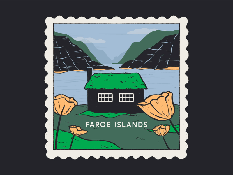 Travel Stamps: Faroe Islands cabin cottage denmark faroe islands flowers illustration landscape mountains nature nordic stamp travel