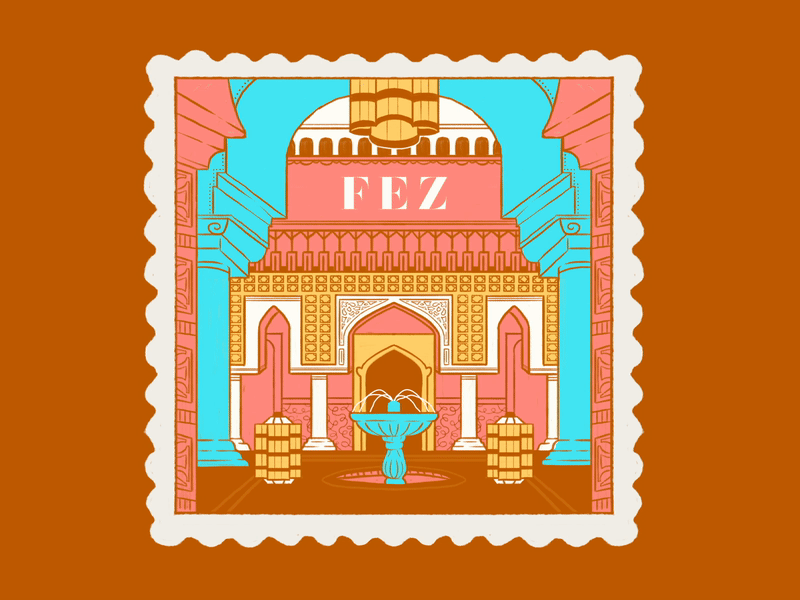 Travel Stamps: Fez africa architecture fez fountain morning morocco riad stamps tile travel