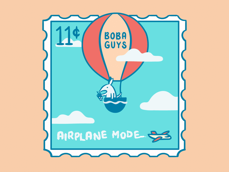 Boba Guys Spring Summer 2022 Airplane Mode aardvark boba bubble tea hot air balloon illustration stamp travel