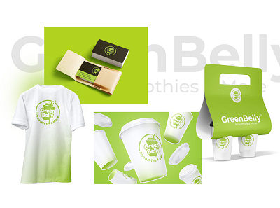 Brand Identity of "GreenBelly Smoothies & More" brand identity branding cups design graphic design graphic designer green greenbelly logo logo design logo designer mockup tshirt
