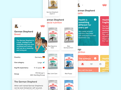 Royal Canin App - Tailored Health Nutrition For Cats & Dogs android app breed cats daily design dogs food german shepherd health interface ios mobile nutrition pets project