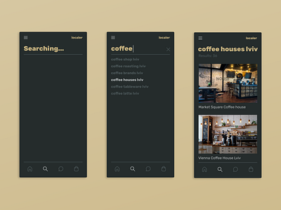 DailyUI #022. Search app dailyui dailyui 022 dailyui22 dark dark ui figma gold localisation mobile search search bar searching suggestions ui ux