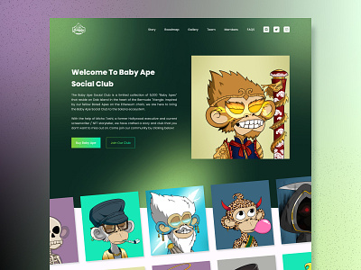 Baby Ape Social Club - NFT Website Redesign art bitcoin blockchain branding crypto cryptoart dark design ethereum exploration gradient landing page landingpage nft nfts token ui ux web design