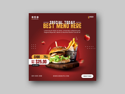 Food menu social media banner burger culinary eat food marketing offer promotion red restaurant social media square template