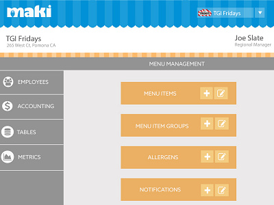 Maki Menu Management UI for Managers accounting bill customers data food service manager metrics mobile point of sale pos terminal restauarant table