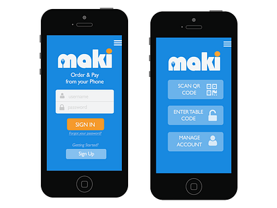 Sign In & Post Sign-In Screens for Maki (Mobile App) app contrast design dining experience food graphic logo menu mobile restaurant startup