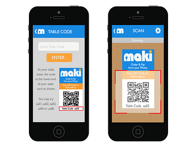 Table Code & QR Scan Code Screens for Maki (Mobile App) app contrast design dining experience food graphic logo menu mobile restaurant startup