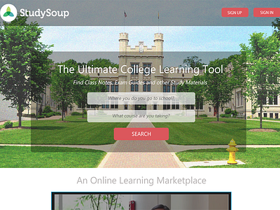 Studysoup Home Page Part 1 college design education landing page learning login sign up startup study notes web app