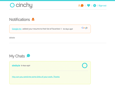 Cinchy.io UI app application chat conversation interface jobs navigation notifications resume ui ux web app