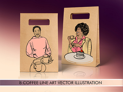 Cafe line art vector set and pattern cafe coffee drinks menu people portrait