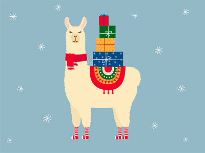 Cute Christmas llama alpaca animal christmas colorful cute design gift box graphic design greeting card holiday illustration llama new year scarf smiling snowflake socks surprise vector winter