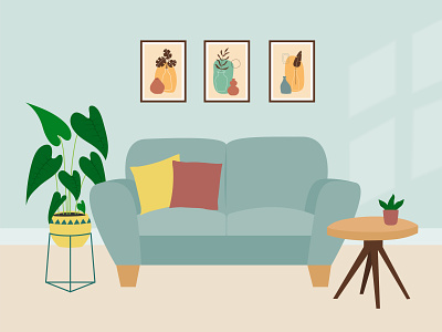 Living room cartoon colorful cozy design graphic design hand drawn home decor house houseplant illustration indoor interior living room picture potted plants room sofa table vector
