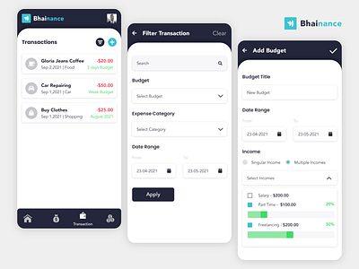 Budget App | Transaction | Filter | Add Budget app design budget design form mobile design transaction ui ux