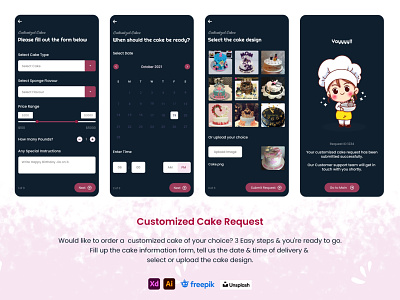 Request Customized Cake Flow - Cake Bake app design bakery cake cake app customized cakes design mobile design ui ux