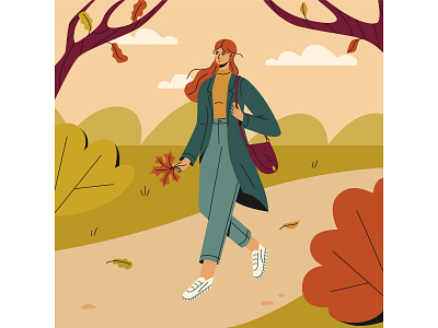 Autumn nature walk art autumn characters characters design commercial illustration concept design female flat freelance illustrator illustration illustrator vector