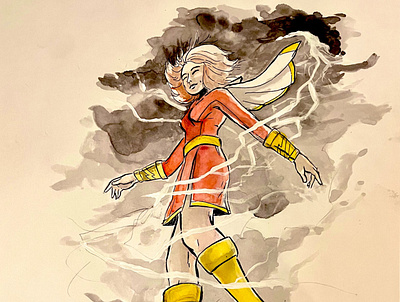 Mary Marvel hand drawn illustration ink watercolor