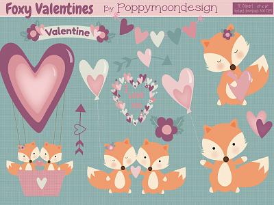 Free Foxy Valentine’s Day Set foxes hearts love valentines valentines day