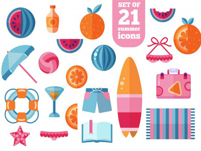 FREE Trendy Summer Beach Flat Icons Set icons stickers summer icons