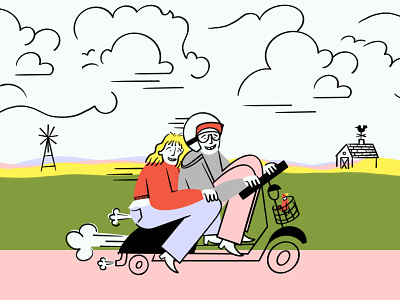 Dumb & Dumber 🛵😎🌤🌾 cornfields design doodle dudes dumb dumb and dumber funny illo illustration lol moped motorbike movie procreate sketch