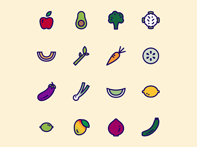 Fruits And Veggies cantaloupe cauliflower celery eggplant fruits icon illustration mango vegetables