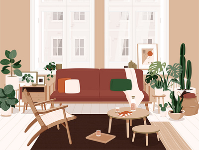 Living room apartment architecture couch home house illustration interior design living room plants vector window