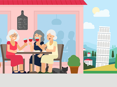 Jane is Enjoying a Happy Retirement! animated video animation enjoy vacation europe happy lady leaning tower of pisa medical medical care medicare old lady rome vacation vacation rental