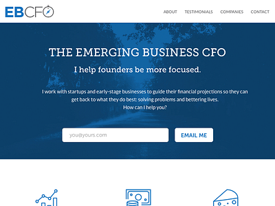 EBCFO Website blue clean contact form flat icons long scroll minimal one page testimonials ui web design website