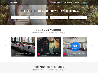 Spacely Browse Venues WIP collection grid header hero listings search ui ui design web app