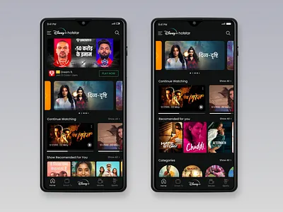 Hotstar App Redesign app app design app redesign app uiux branding design graphic design hotstar app black theme redesign hotstar app redesign logo ui ux vector