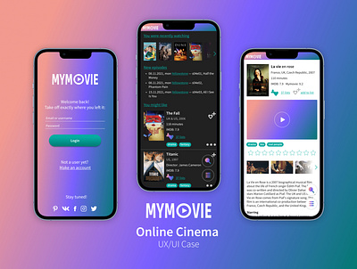 Mymovie: online cinema app branding cinema design figma graphic design illustration illustrator logo memymilk responsive screen screen design ui ux vector web