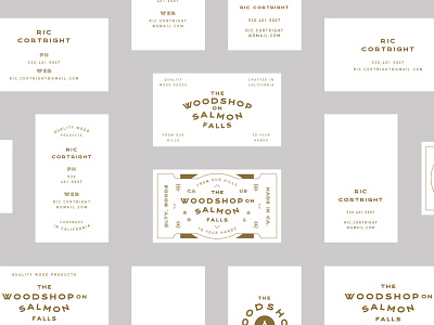 The Woodshop on Salmon Falls Business Cards branding business cards gold salmon falls twsosf type typography vintage woodshop