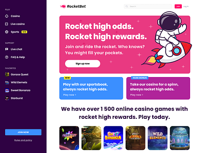 RocketBet Web Design bonus casino games odds rocket bet slots sports webdesign